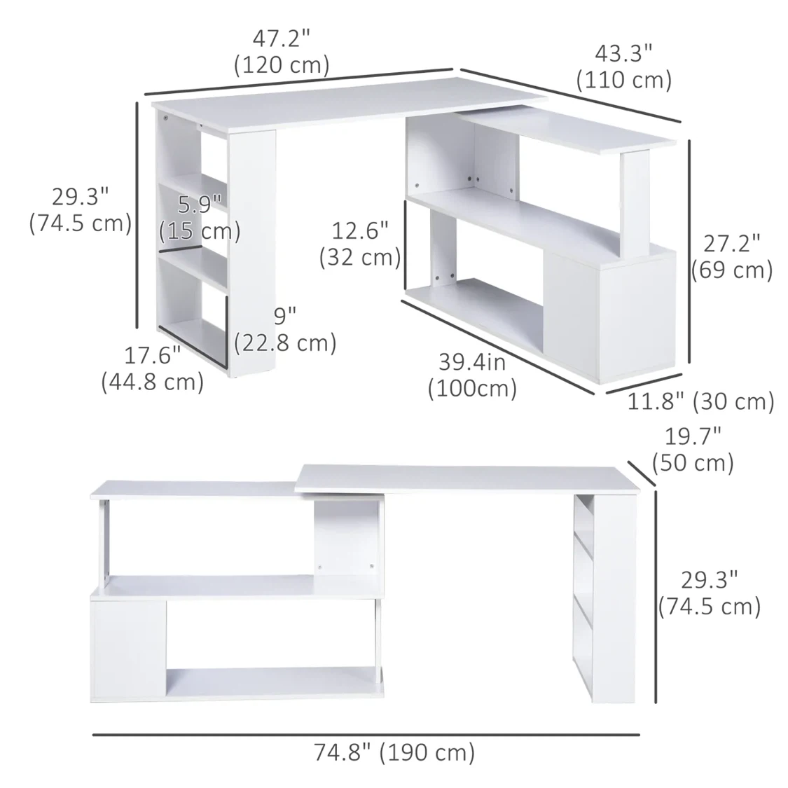 White L-Shaped Rotating Computer Desk with Shelves - photo 2