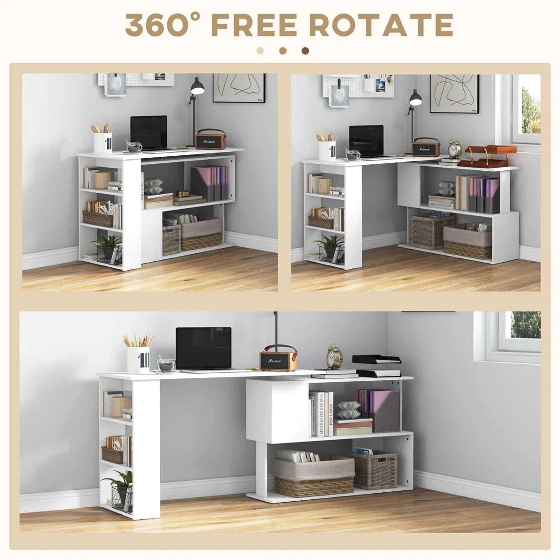 White L-Shaped Rotating Computer Desk with Shelves - photo 3