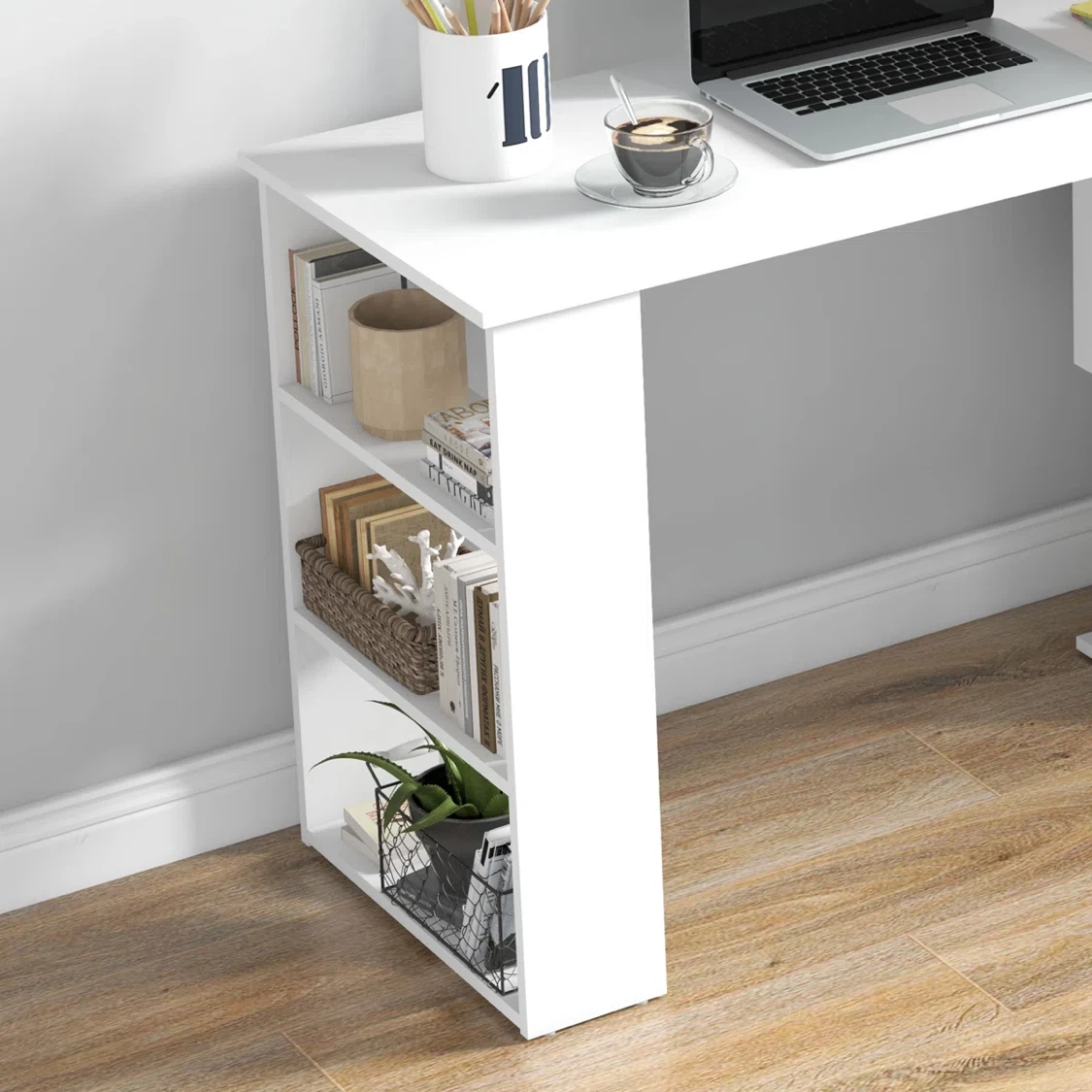 White L-Shaped Rotating Computer Desk with Shelves - photo 4
