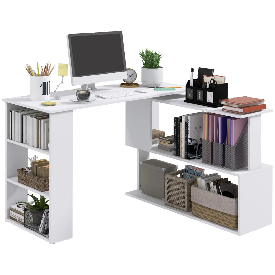 White L-Shaped Rotating Computer Desk with Shelves - photo 5