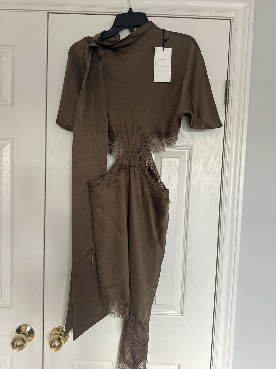 New Zara Cutout Lace Trim Midi Dress Brown Size L