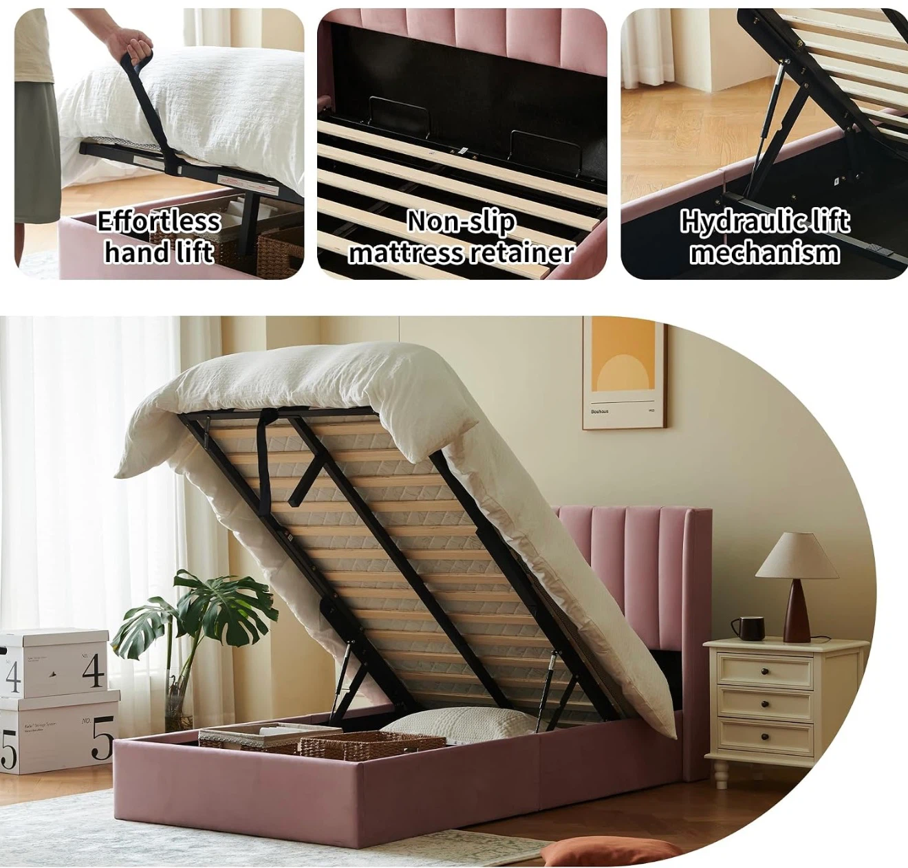 Pink Velvet Twin Storage Bed Frame - photo 3