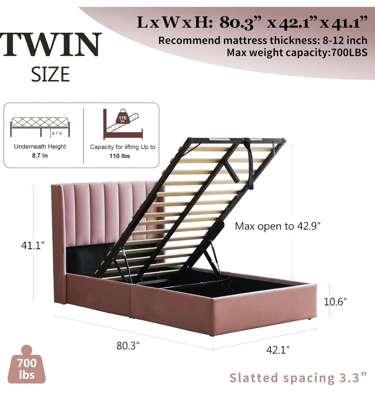 Pink Velvet Twin Storage Bed Frame - photo 4