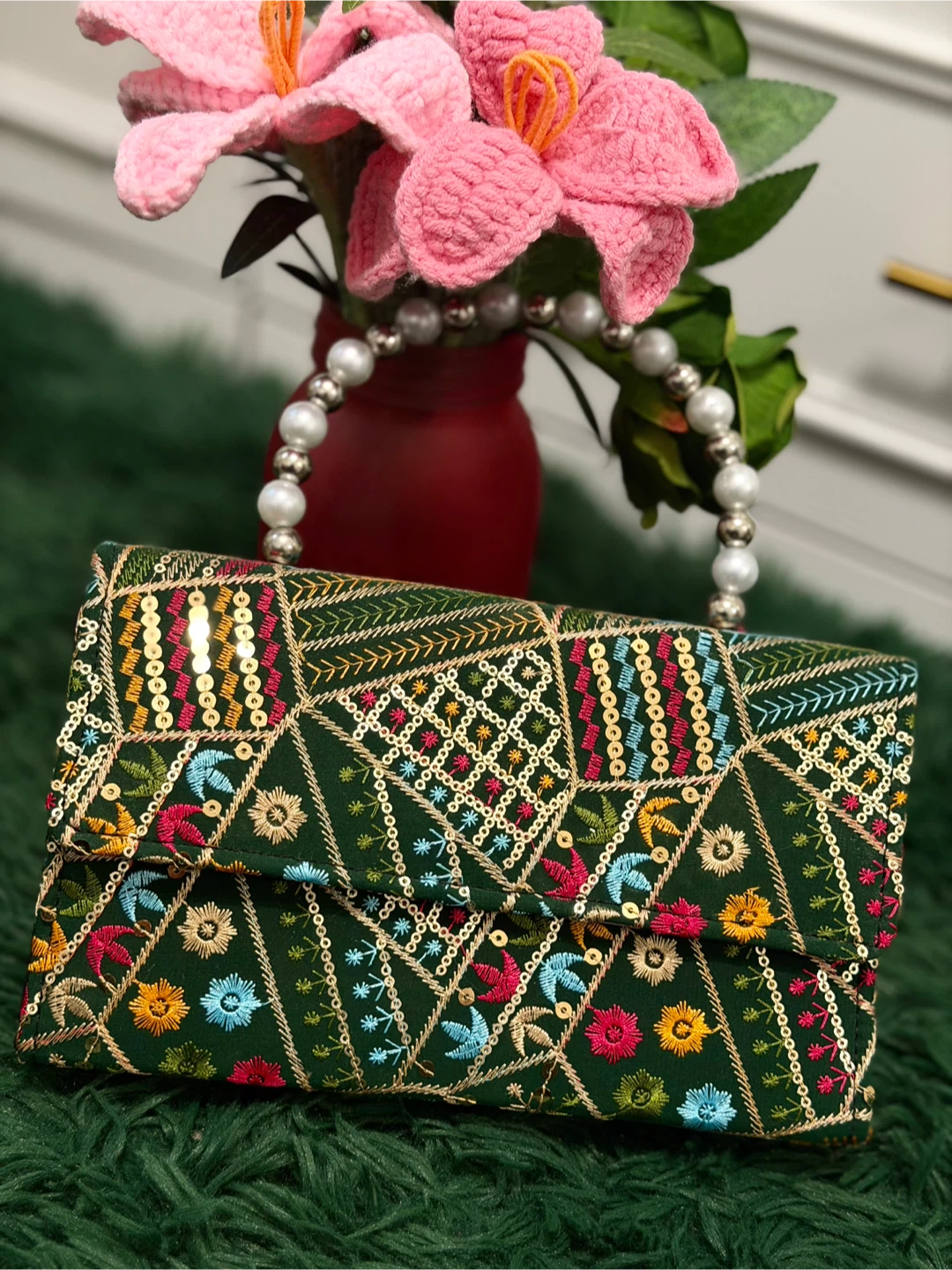 Embroidered Green Clutch with Pearl Handle