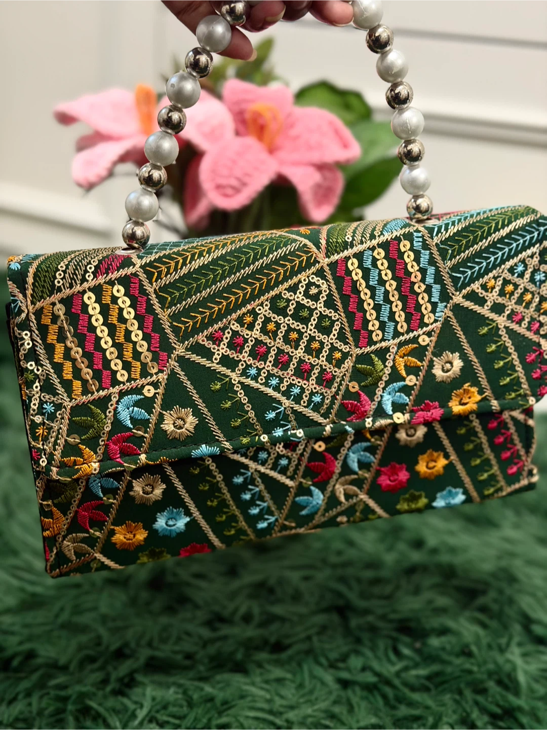Embroidered Green Clutch with Pearl Handle - photo 2