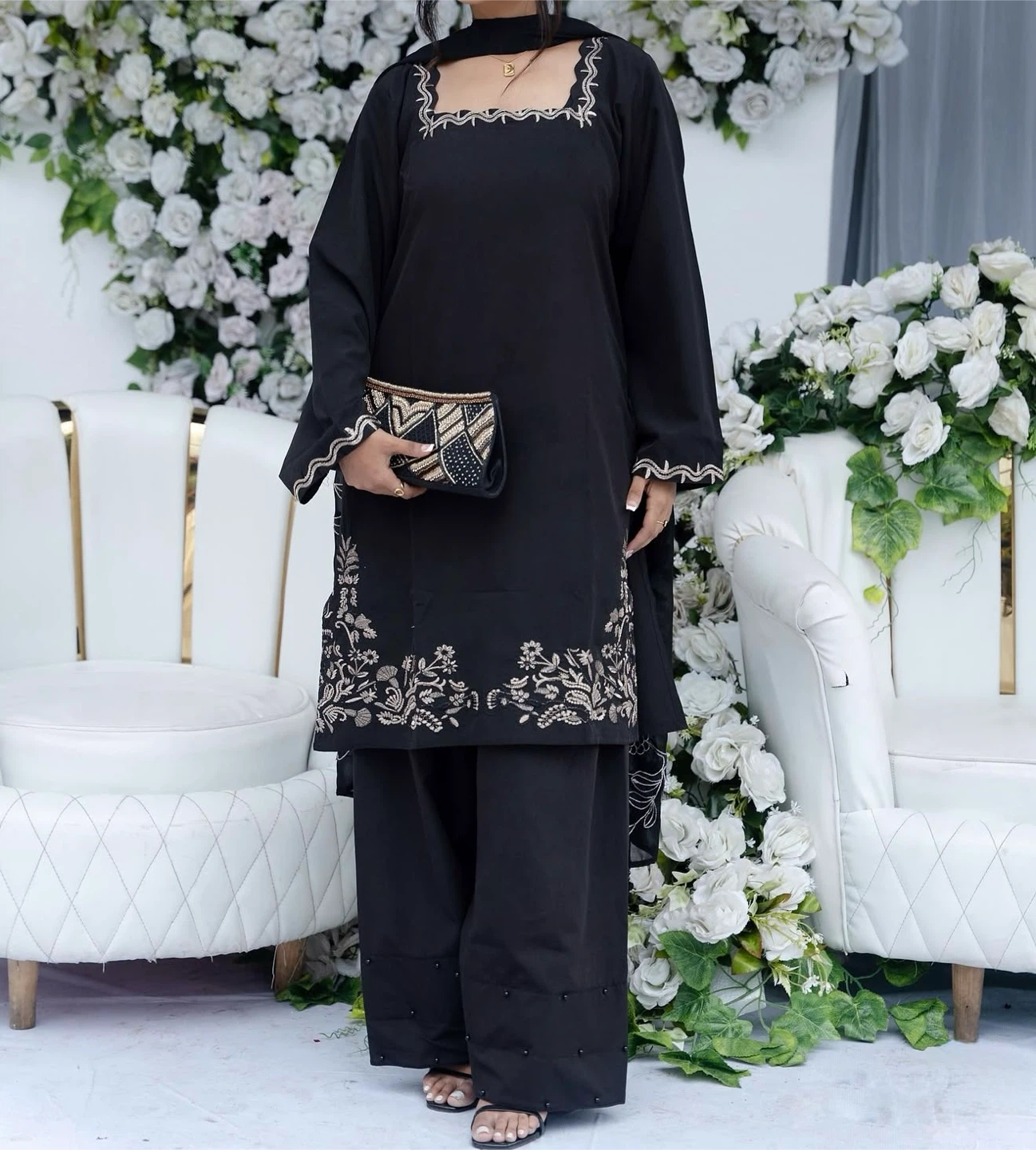 Black Embroidered Women's 3pcs dress
