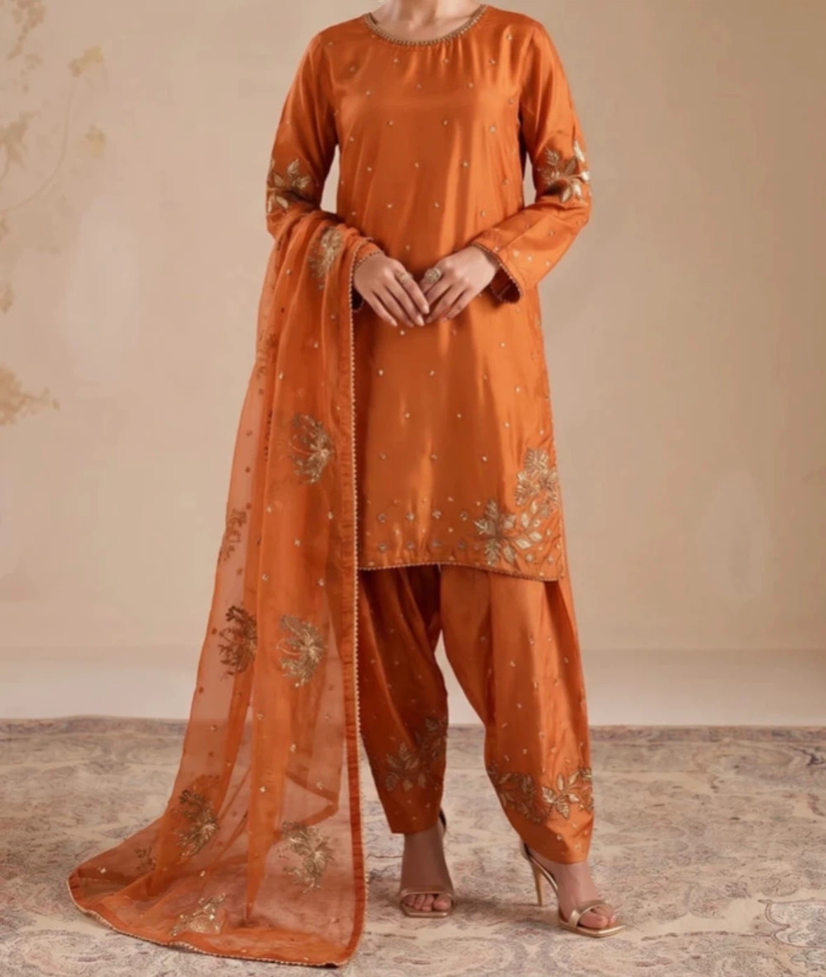 Orange Embroidered 3-Piece Outfit