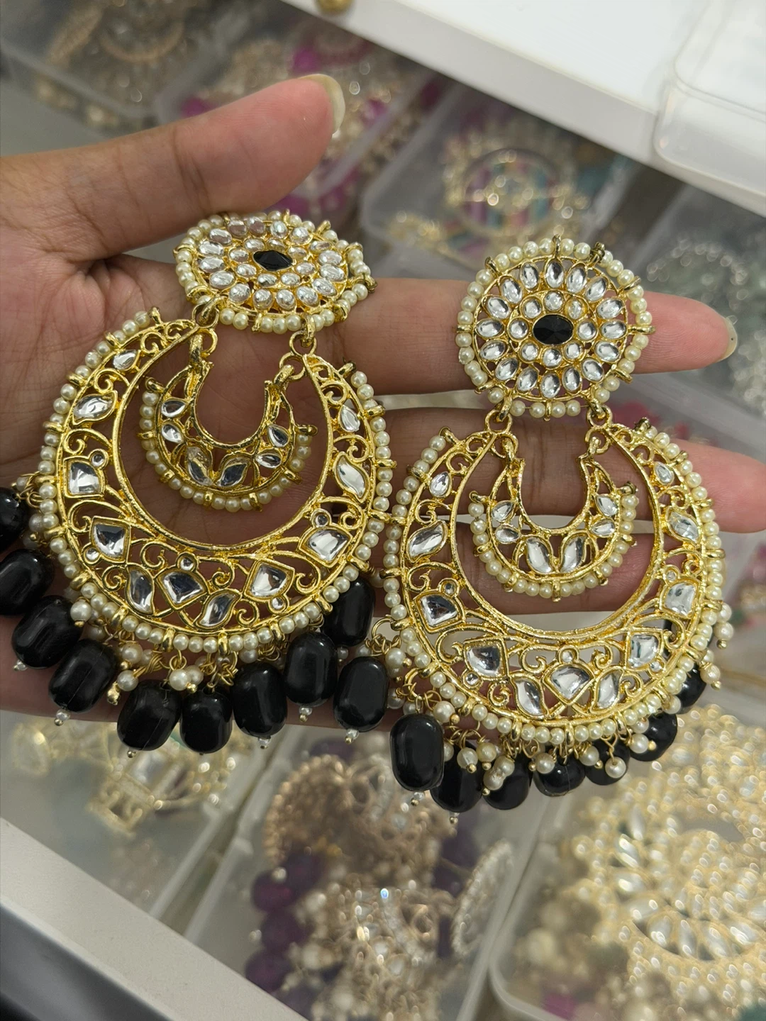 Desi jhumka Large Gold Hoop Earrings with Black Beads