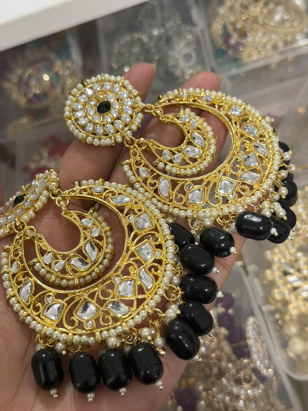 Desi jhumka Large Gold Hoop Earrings with Black Beads - photo 2
