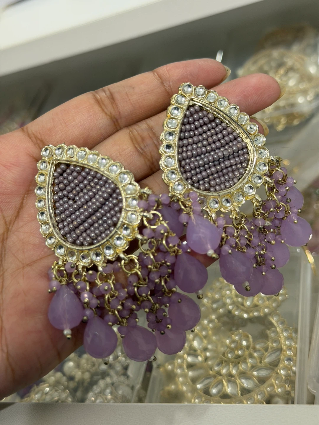 Desi jhumka Purple Beaded Chandelier Earrings - photo 2