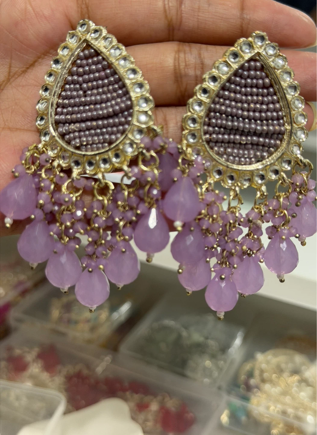 Desi jhumka Purple Beaded Chandelier Earrings