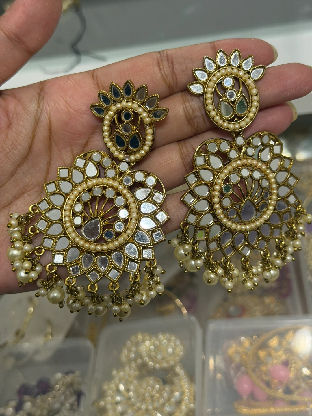 Desi jhumka Gold Tone Mirror & Pearl Chandbali Earrings