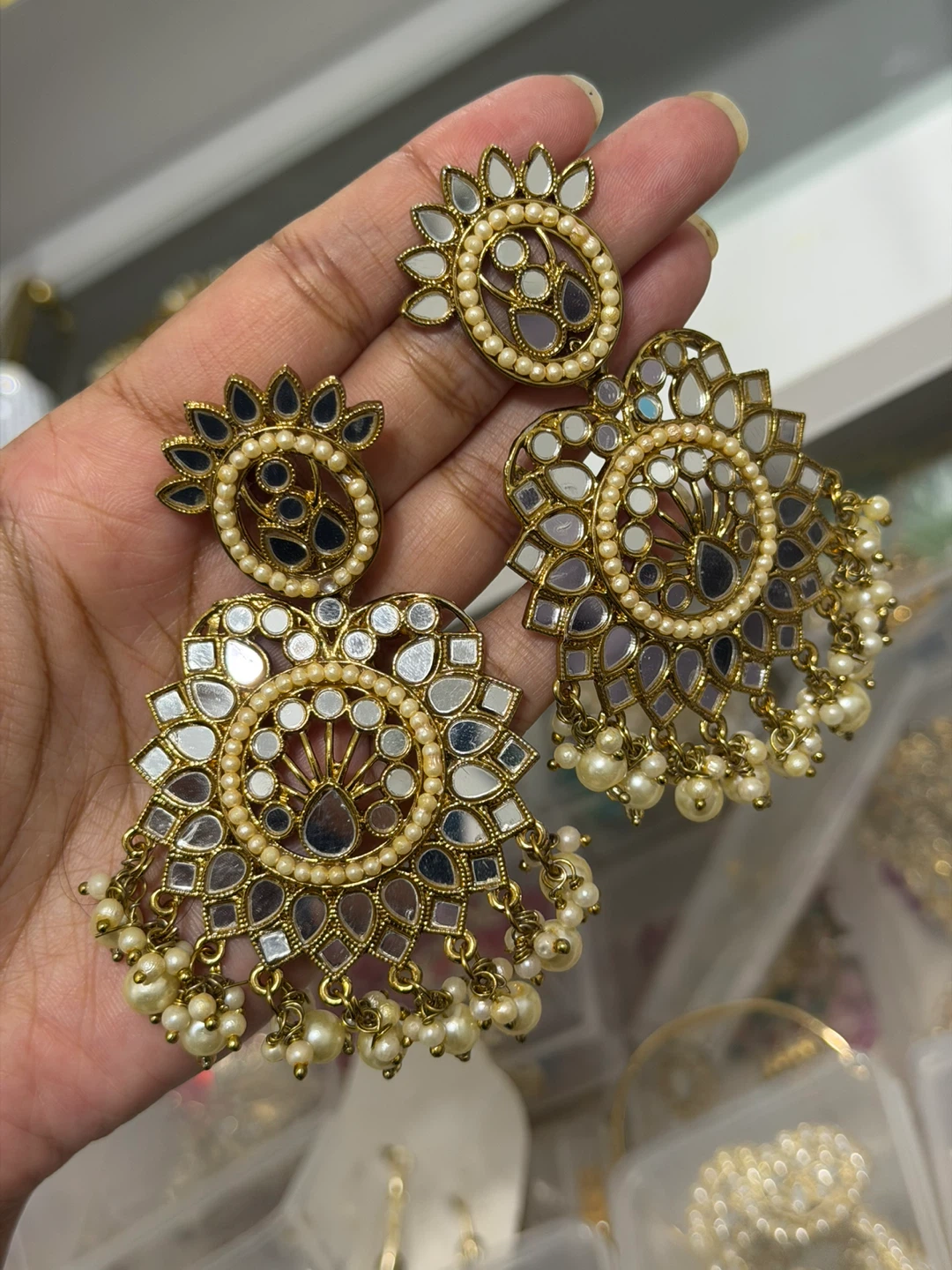 Desi jhumka Gold Tone Mirror & Pearl Chandbali Earrings - photo 2