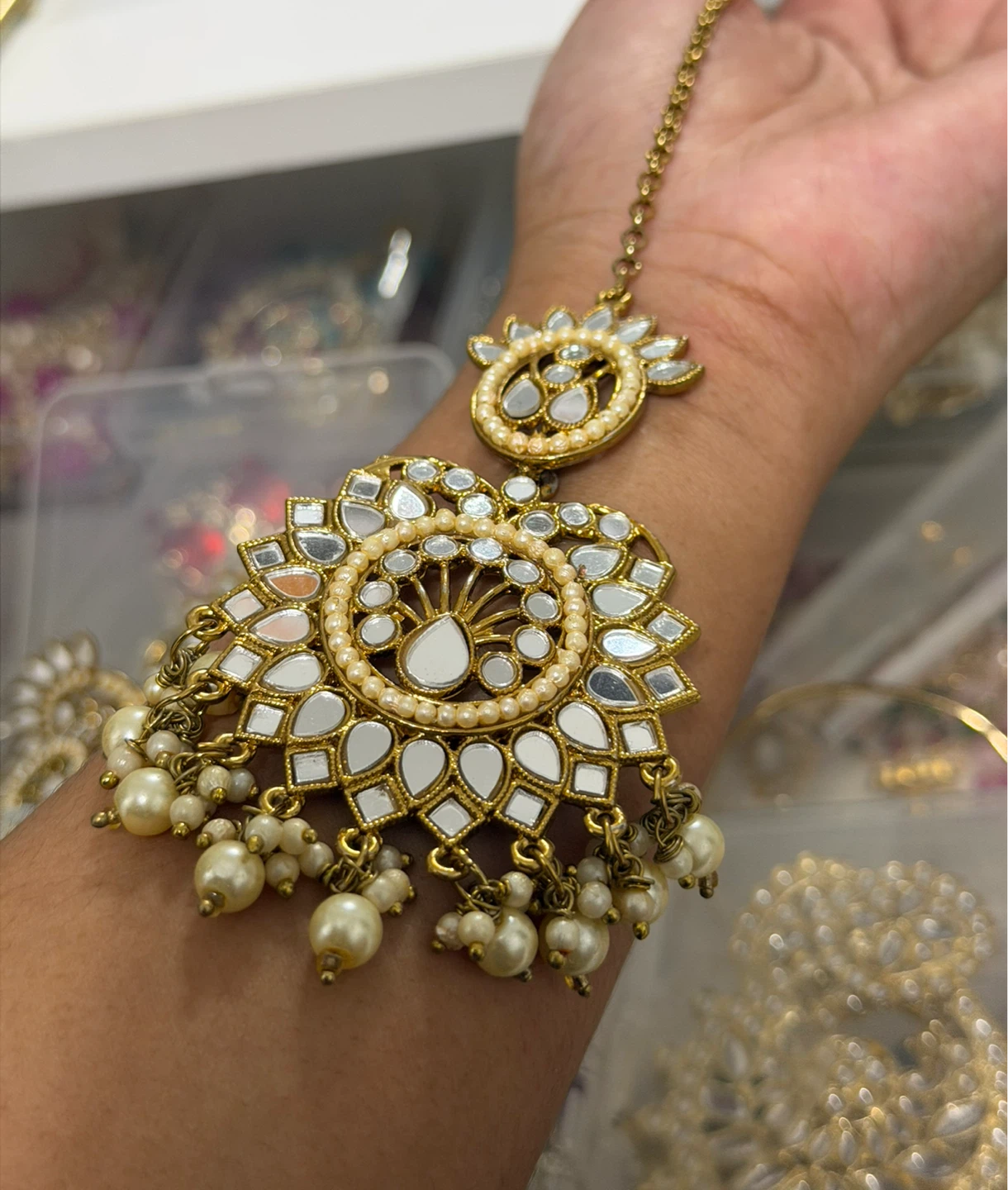 Desi jhumka Gold Tone Mirror & Pearl Chandbali Earrings - photo 3