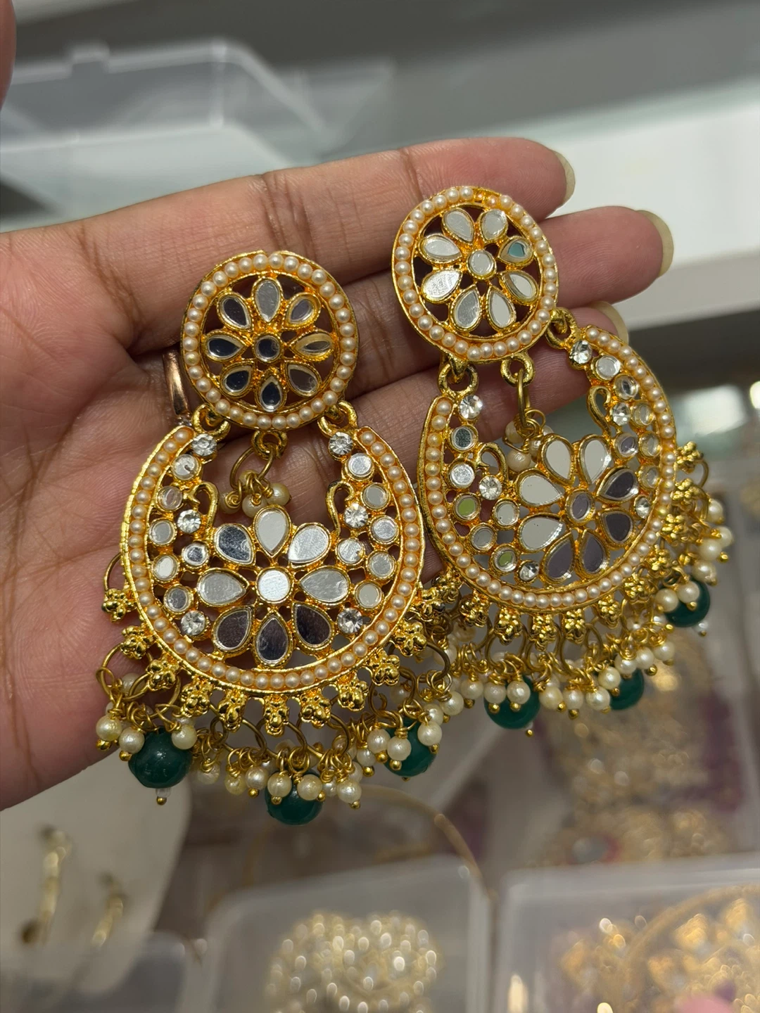 Desi Gold Jhumka Earrings with Mirror and Green Beads