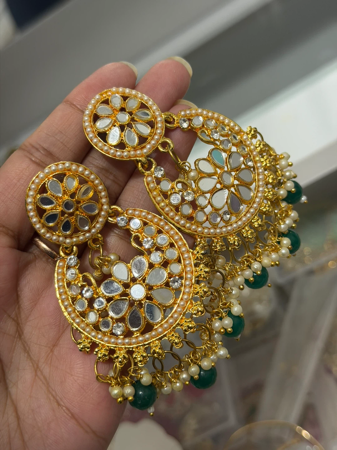 Desi Gold Jhumka Earrings with Mirror and Green Beads - photo 2