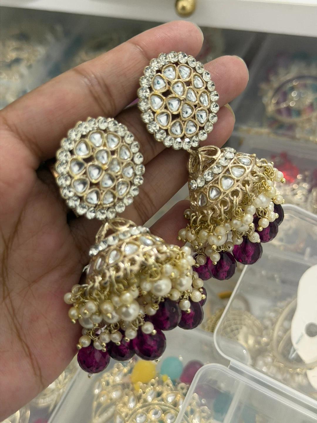 Gold Jhumka Earrings with Pearls and Maroon Beads
