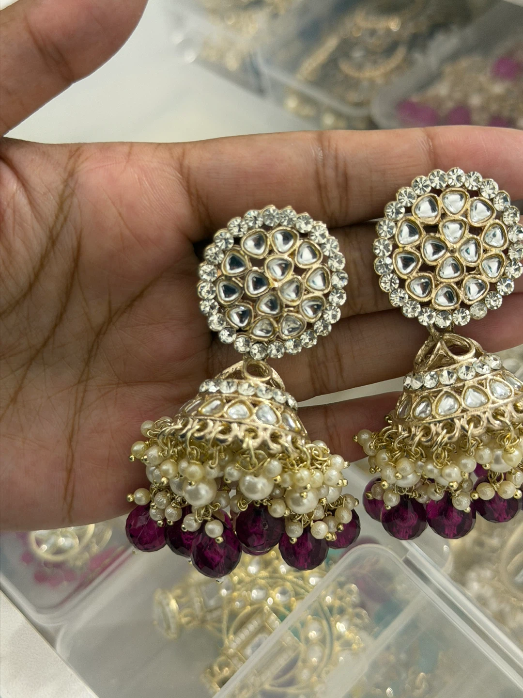 Gold Jhumka Earrings with Pearls and Maroon Beads - photo 2