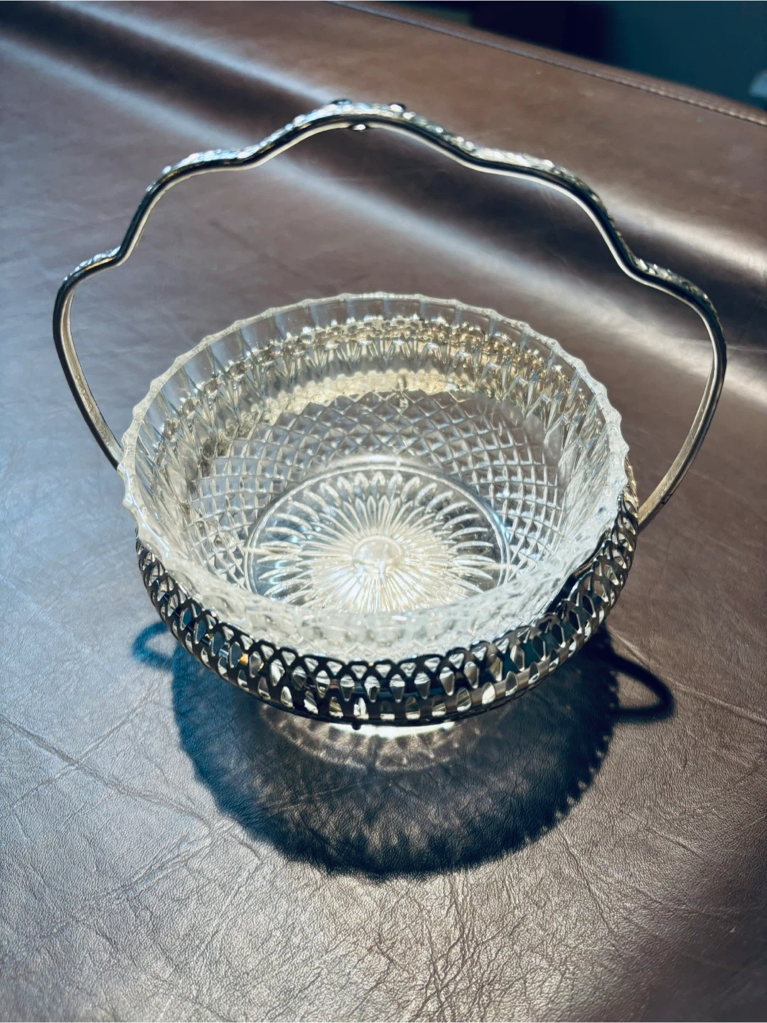 Vintage Cut Glass Candy Dish in Silver-Plated Pedestal Basket