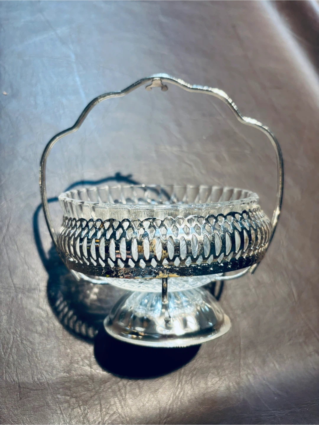 Vintage Cut Glass Candy Dish in Silver-Plated Pedestal Basket - photo 2