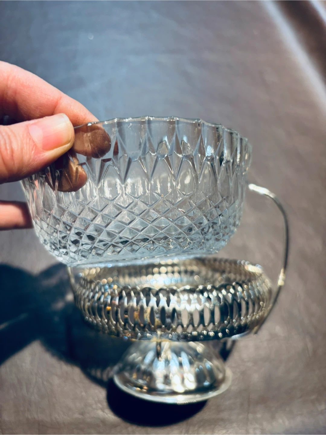 Vintage Cut Glass Candy Dish in Silver-Plated Pedestal Basket - photo 3