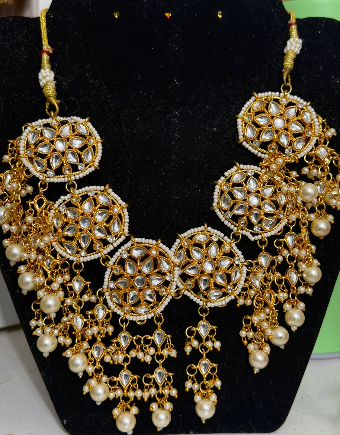 Gold-tone Necklace with White Stones and Pearls
