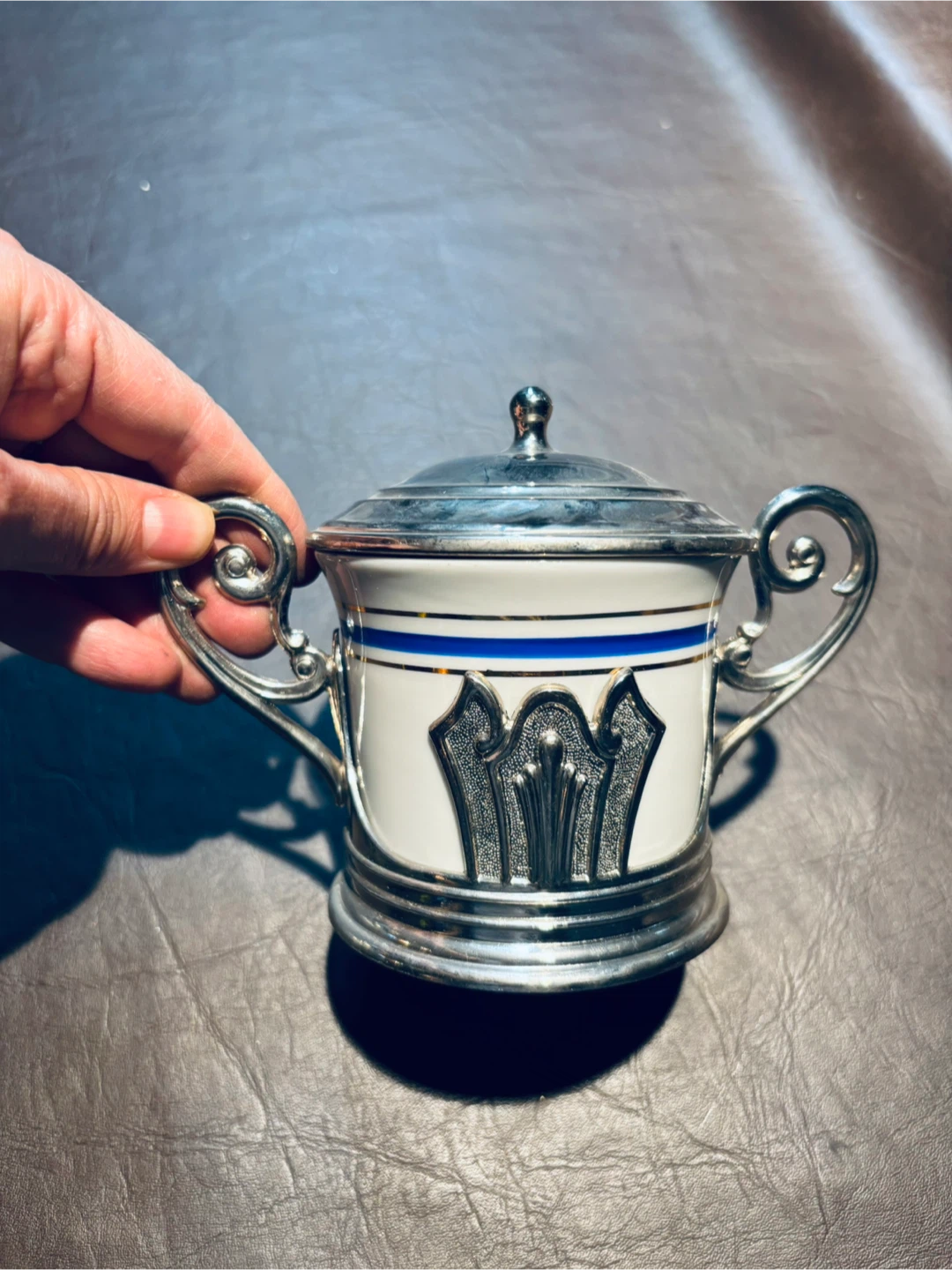 Vintage Lidded Sugar Bowl with Spoon & Decorative Silver Holder