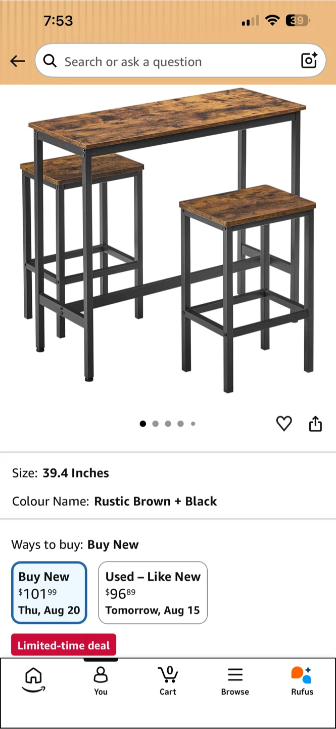Rustic Brown + Black Bar Table Set with 2 Stools