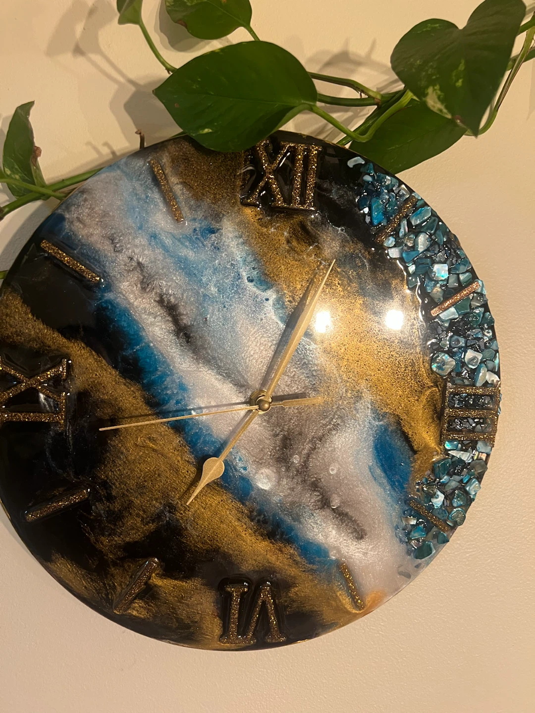 Resin Wall Clock with Roman Numerals and Gemstones