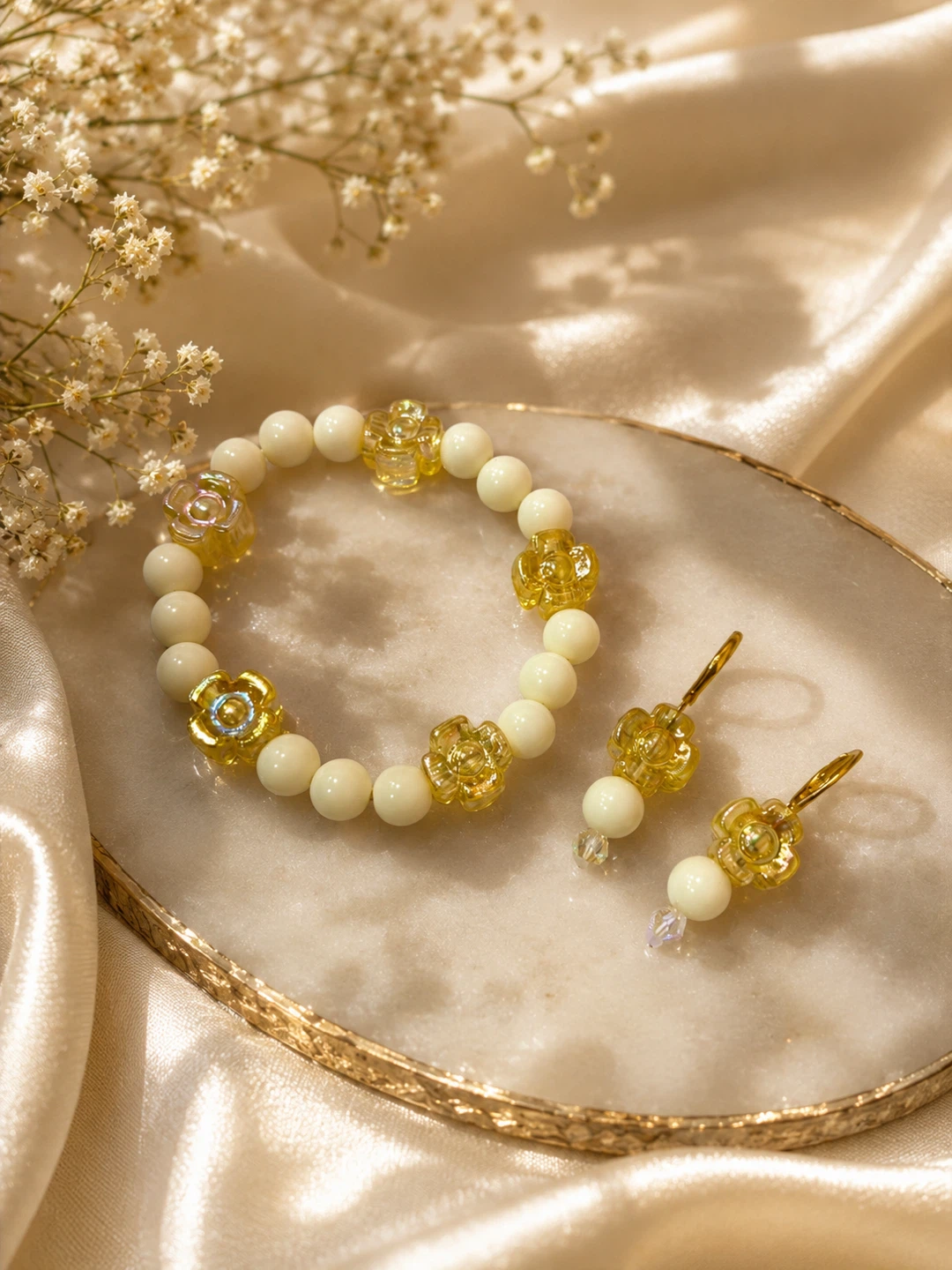 Cream Beaded Bracelet and earring set with Gold Flower Charms