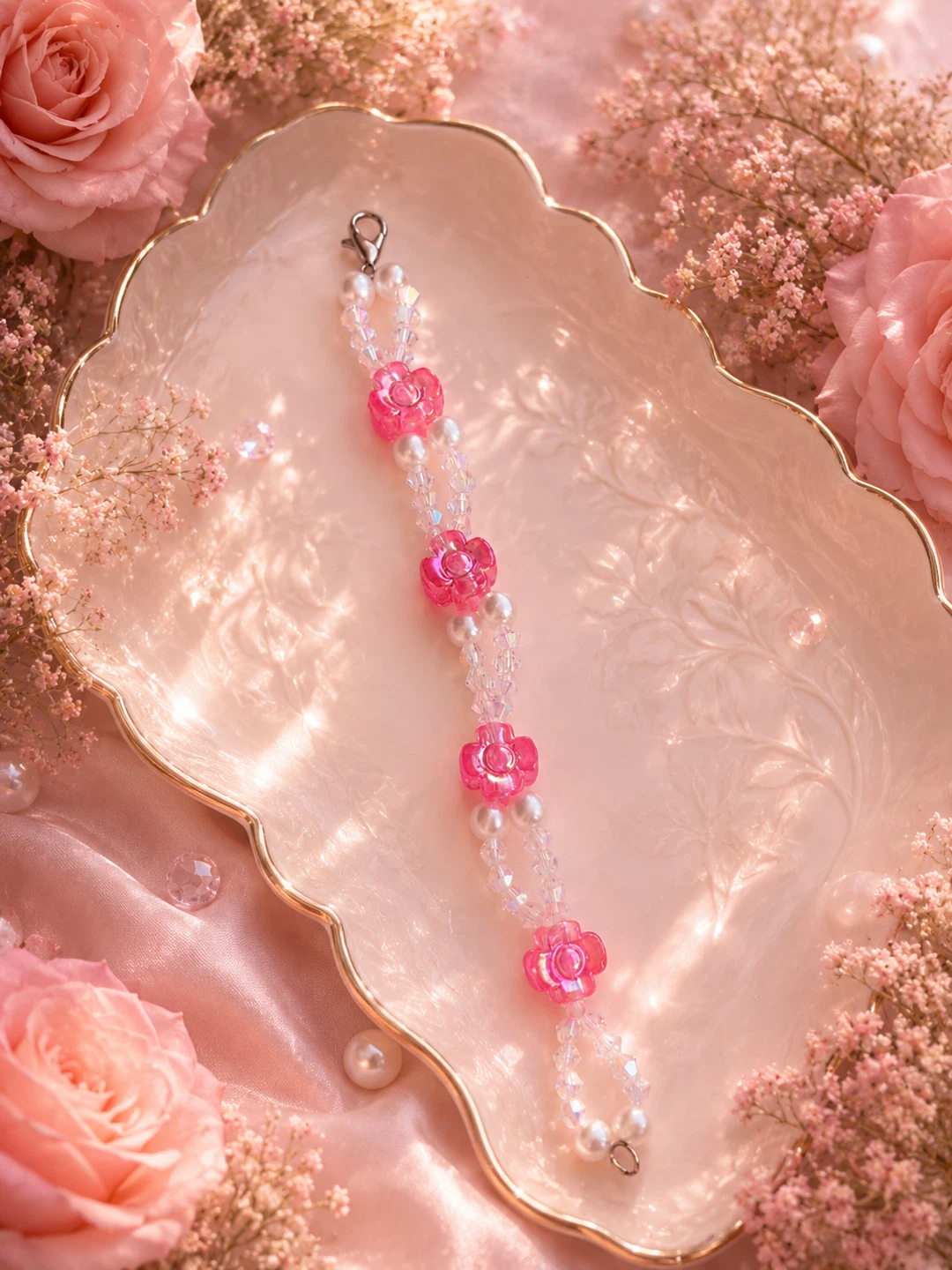 Handmade Pink Flower Charm Bracelet