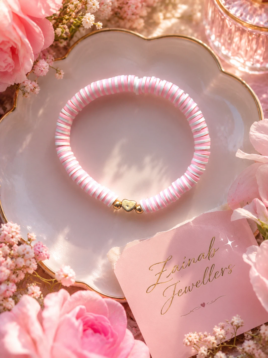 Handmade Pink and White clay beads Bracelet with Heart Charm