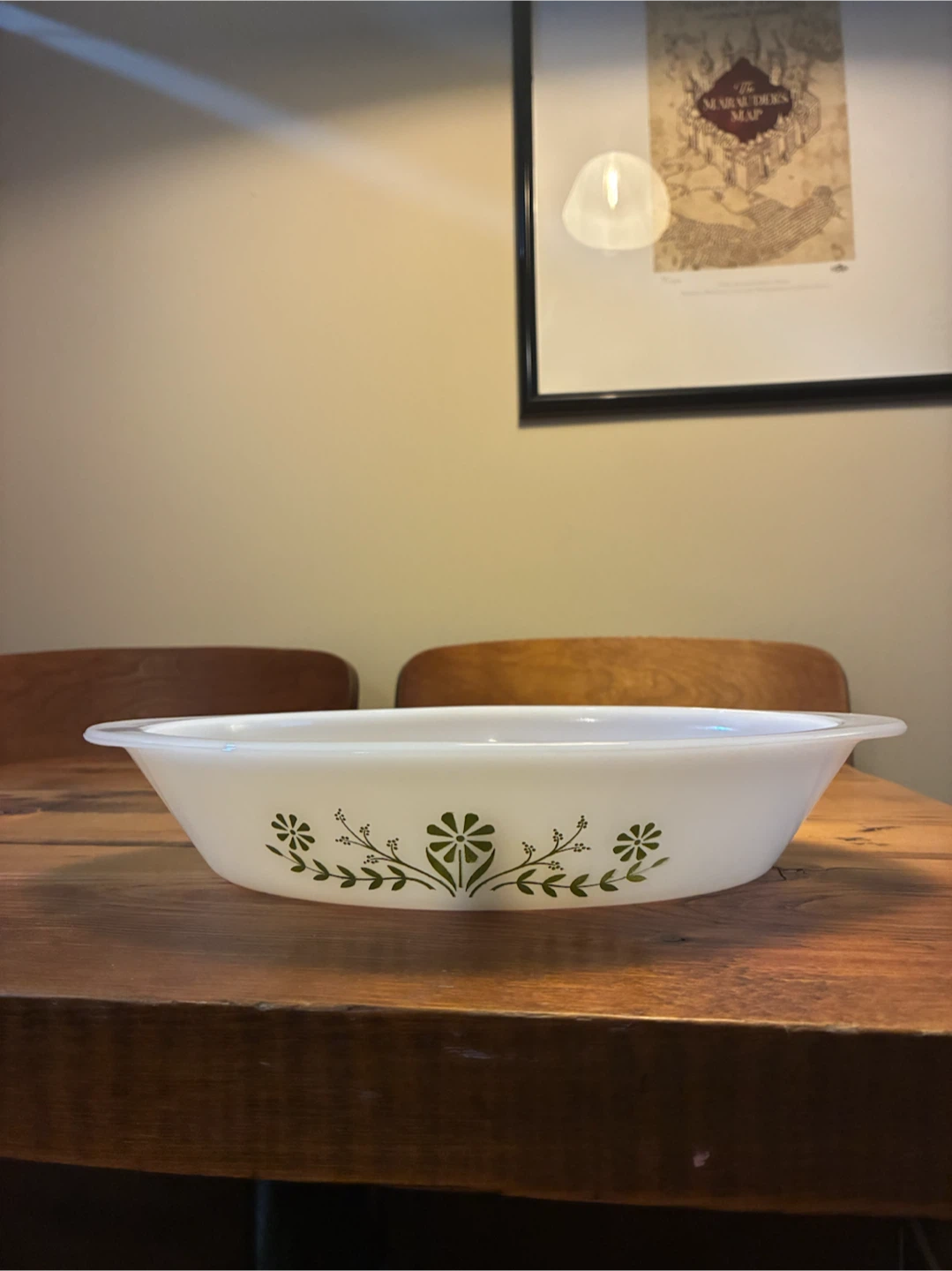 Vintage 1960s Glasbake Casserole Dish - Green Daisy