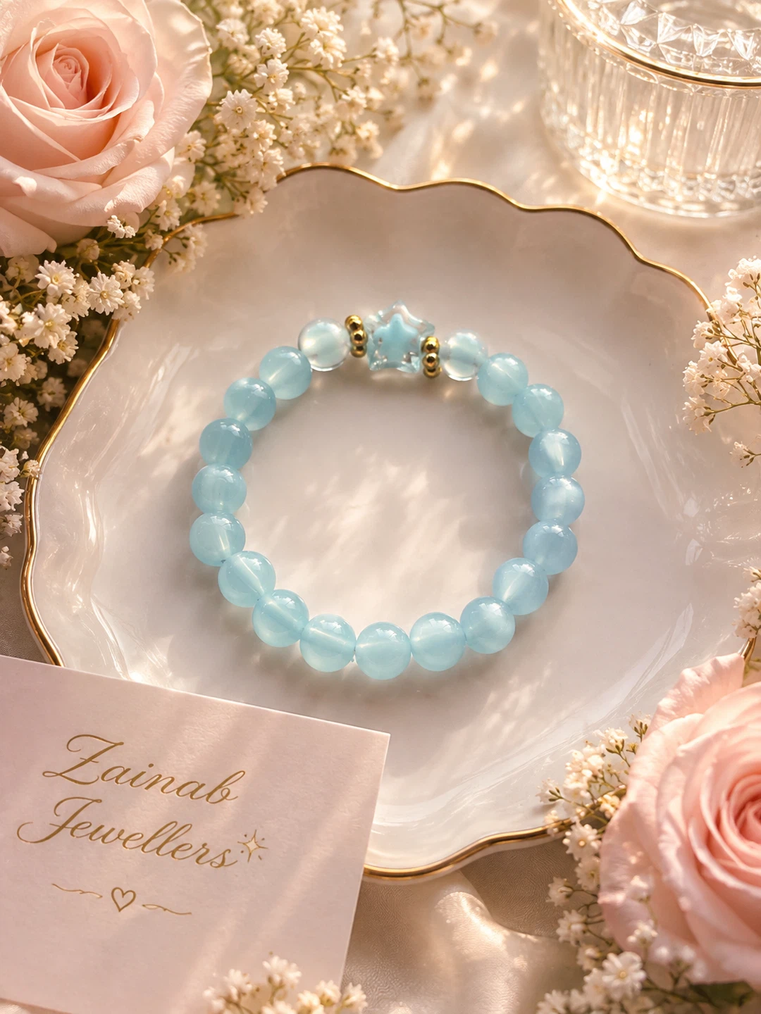 Handmade Light Blue Glass Bead Bracelet with Star Charm