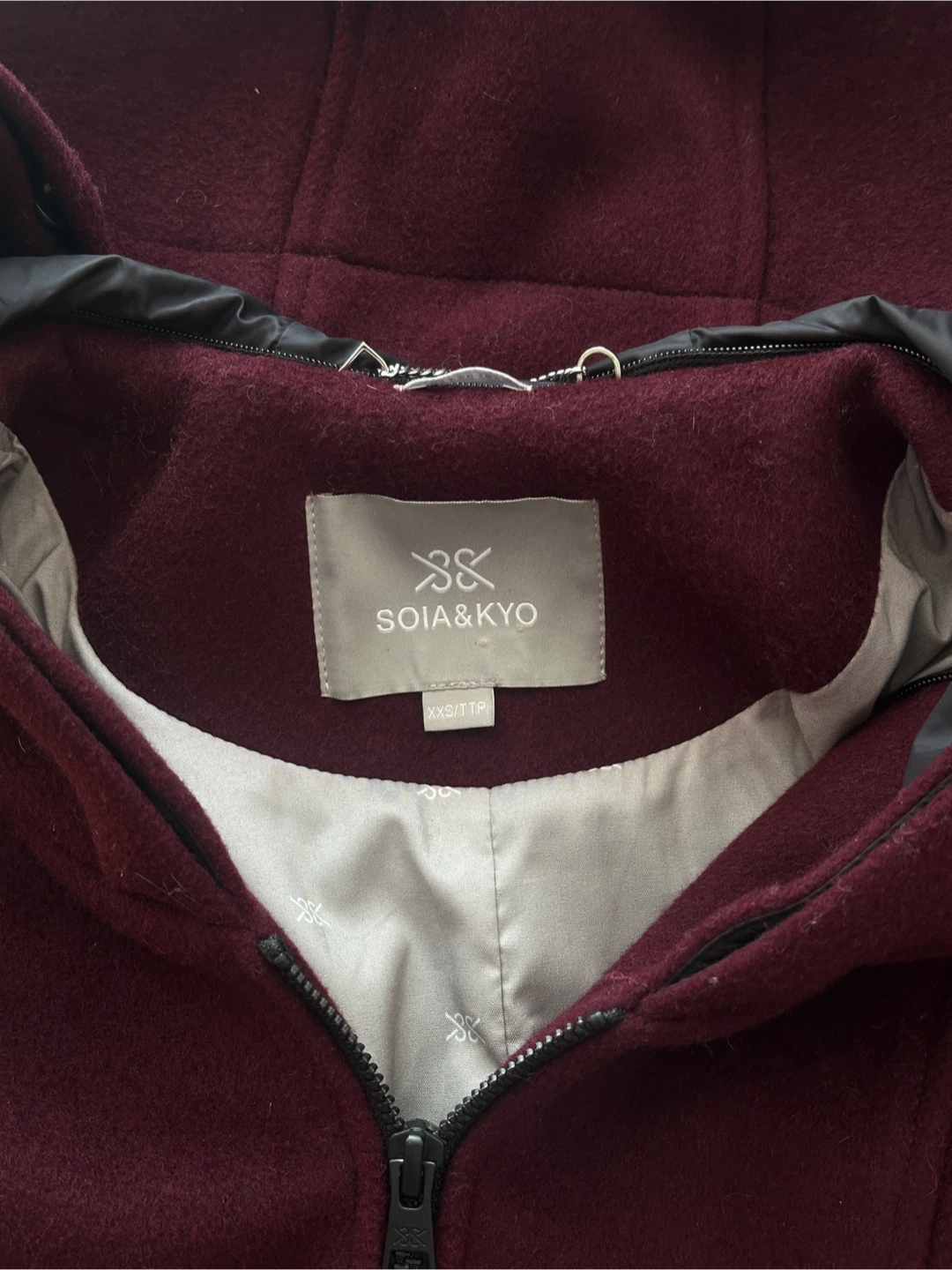 SOIA & KYO Burgundy Wool Blend Coat with Hood - photo 2