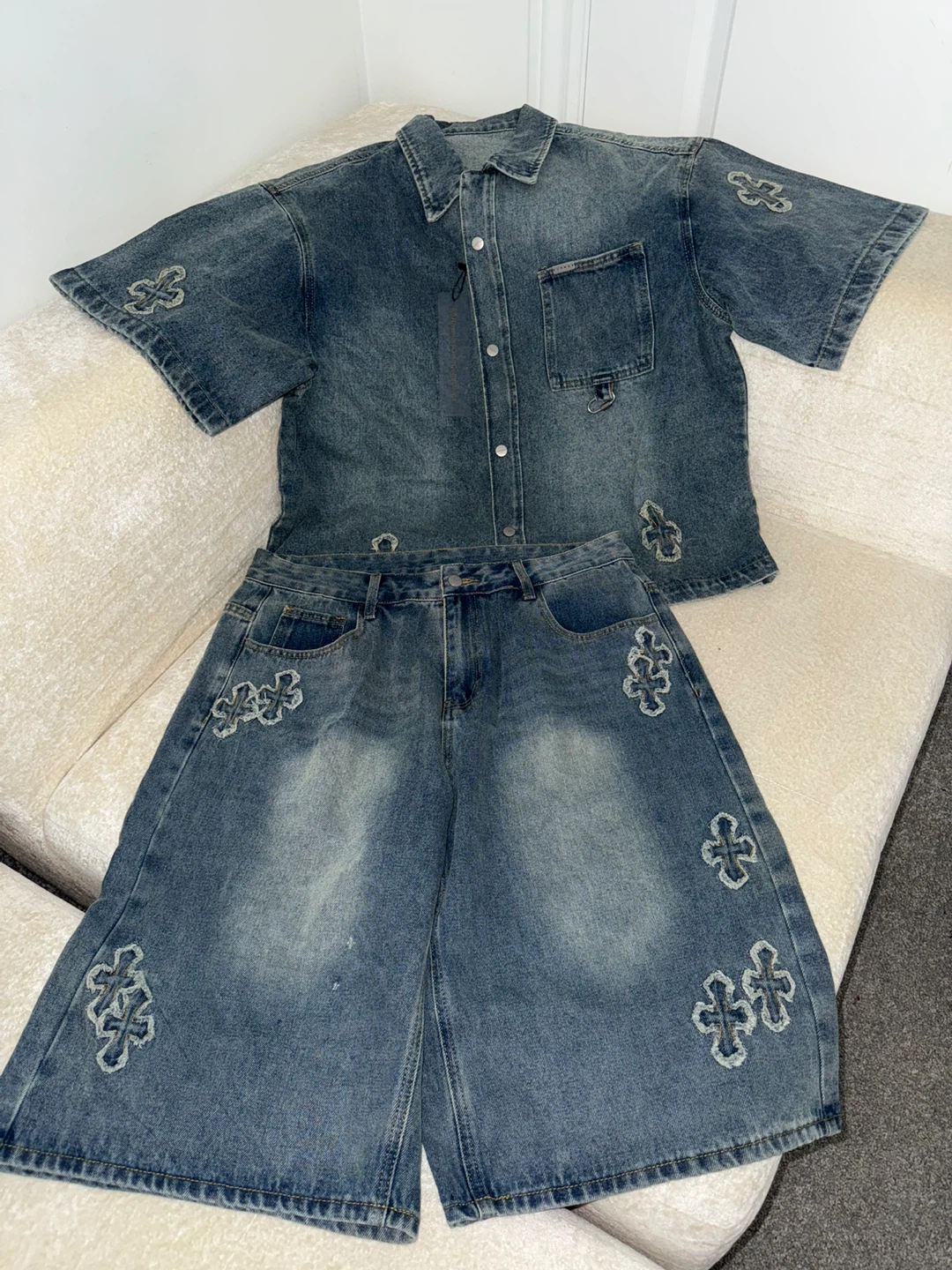 Denim Shirt and Shorts Set. Size L