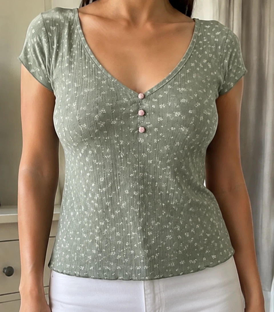Happily Grey Floral Button Henley Top - Small