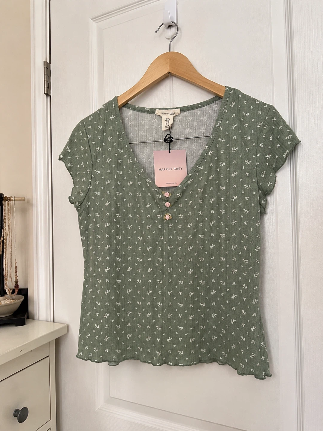 Happily Grey Floral Button Henley Top - Small - photo 2