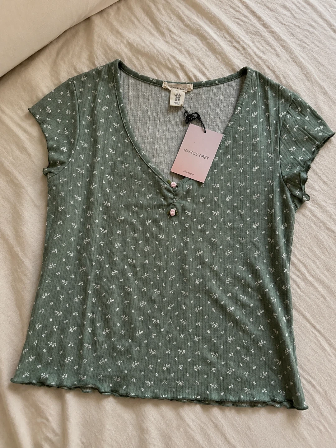 Happily Grey Floral Button Henley Top - Small - photo 3