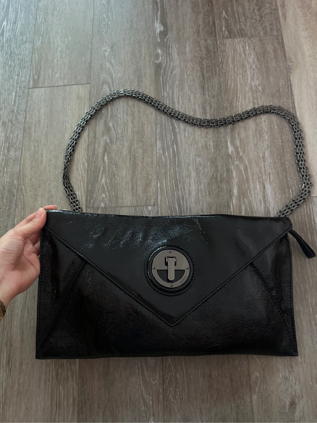 Mimco Black Patent Leather Envelope Clutch with Chain