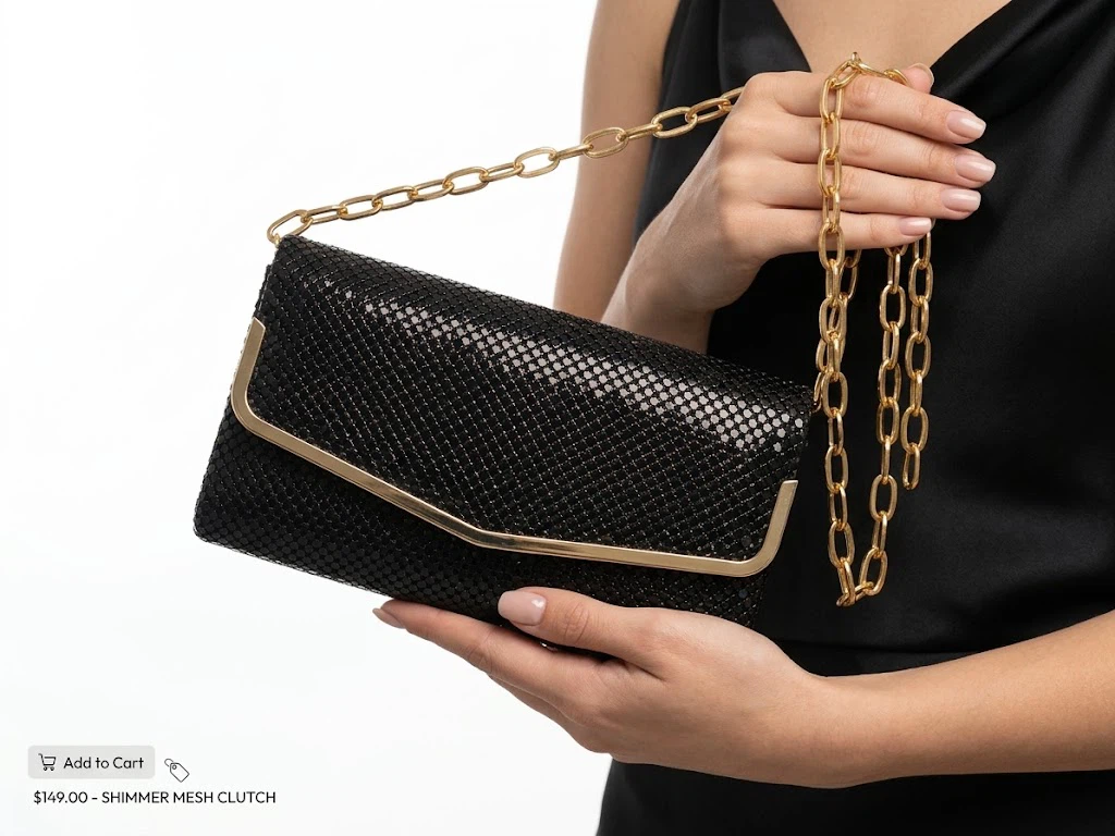 Vintage Black Shimmer Mesh Clutch with Gold Chain