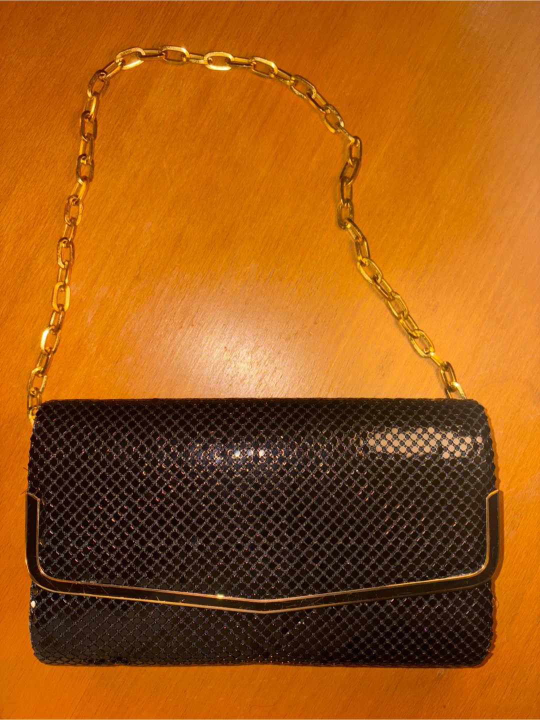 Vintage Black Shimmer Mesh Clutch with Gold Chain - photo 2