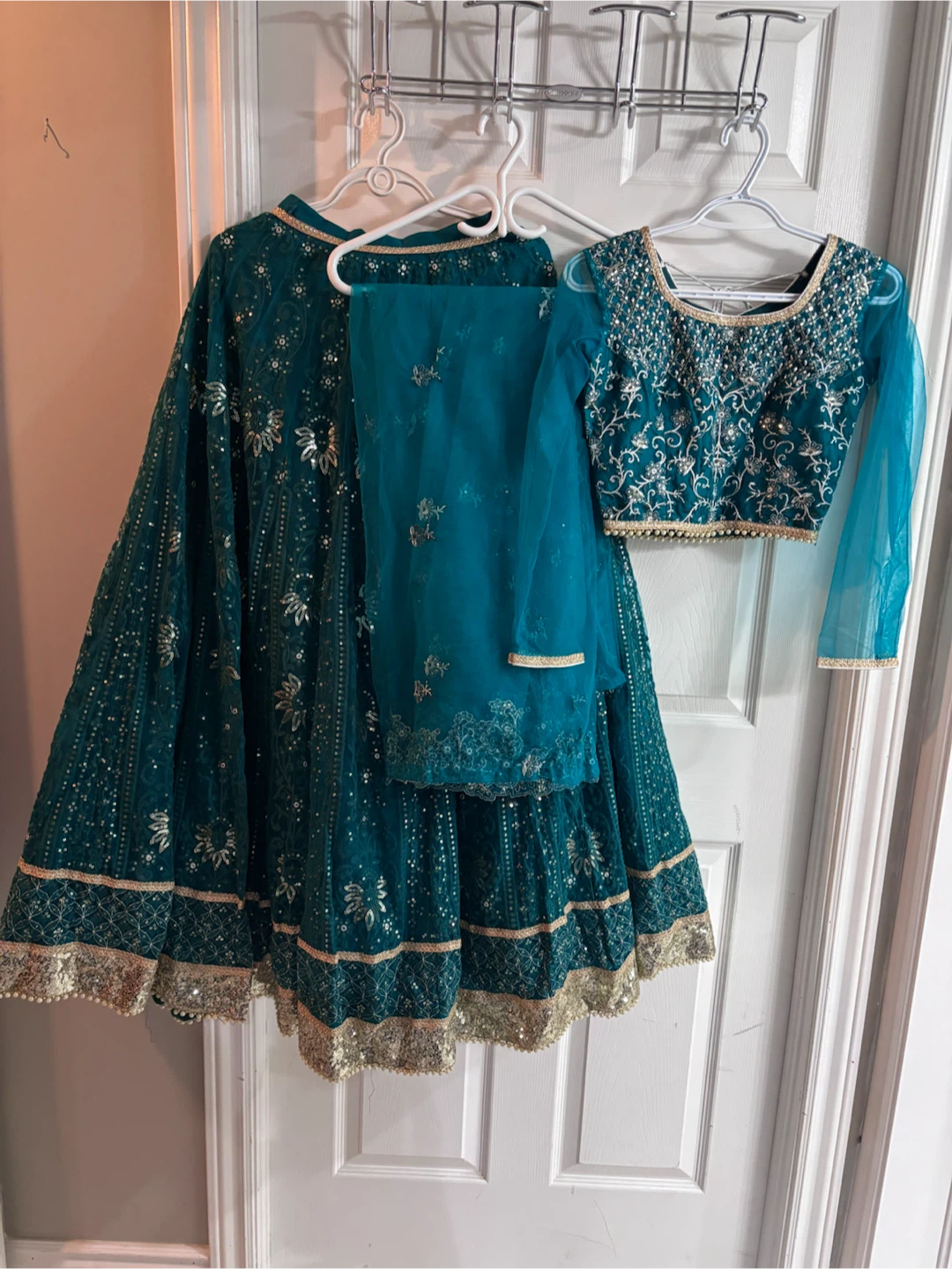 Teal Embroidered Lehenga Choli with Dupatta - photo 2