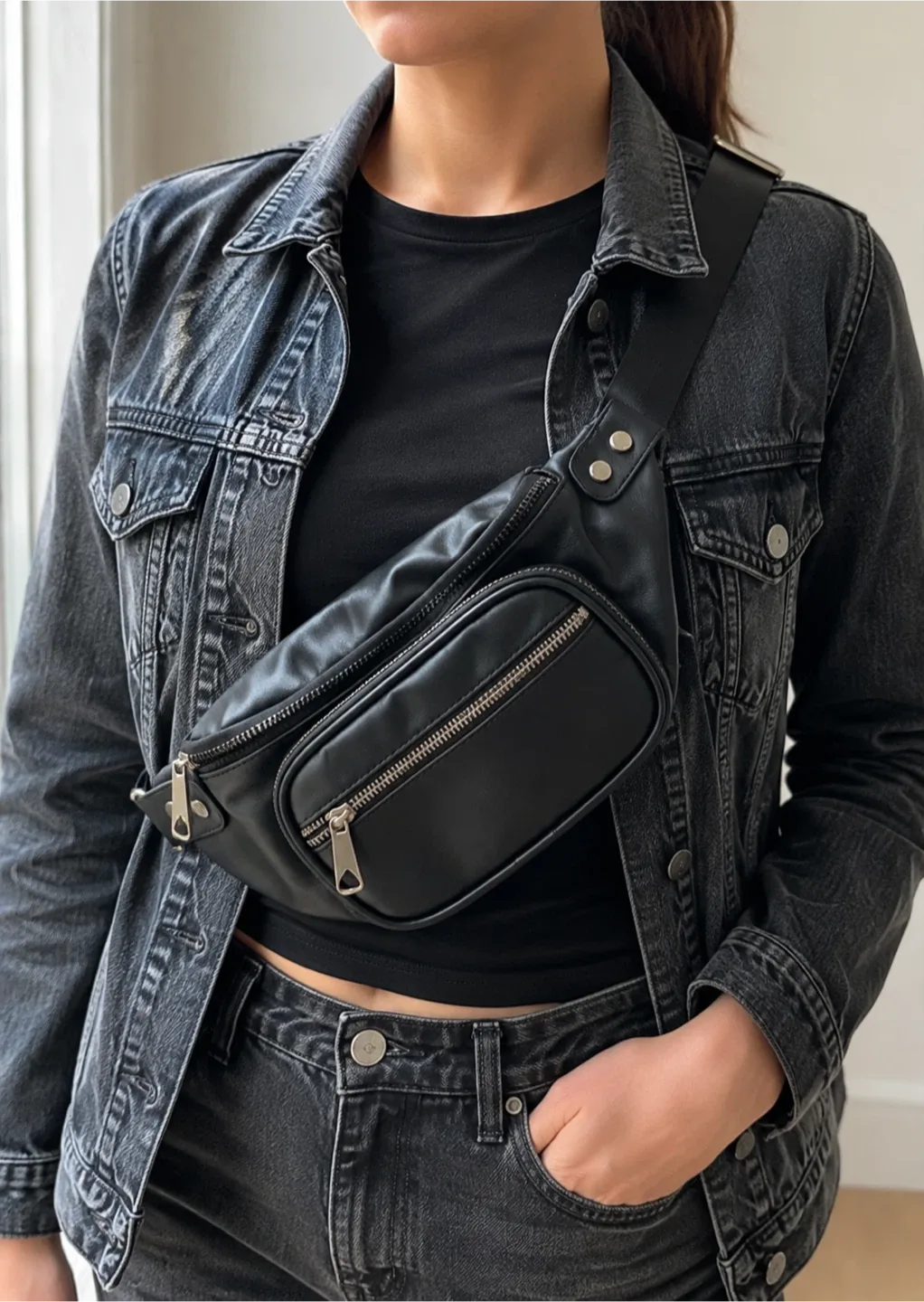 Black Faux Leather Fanny Pack Belt Bag