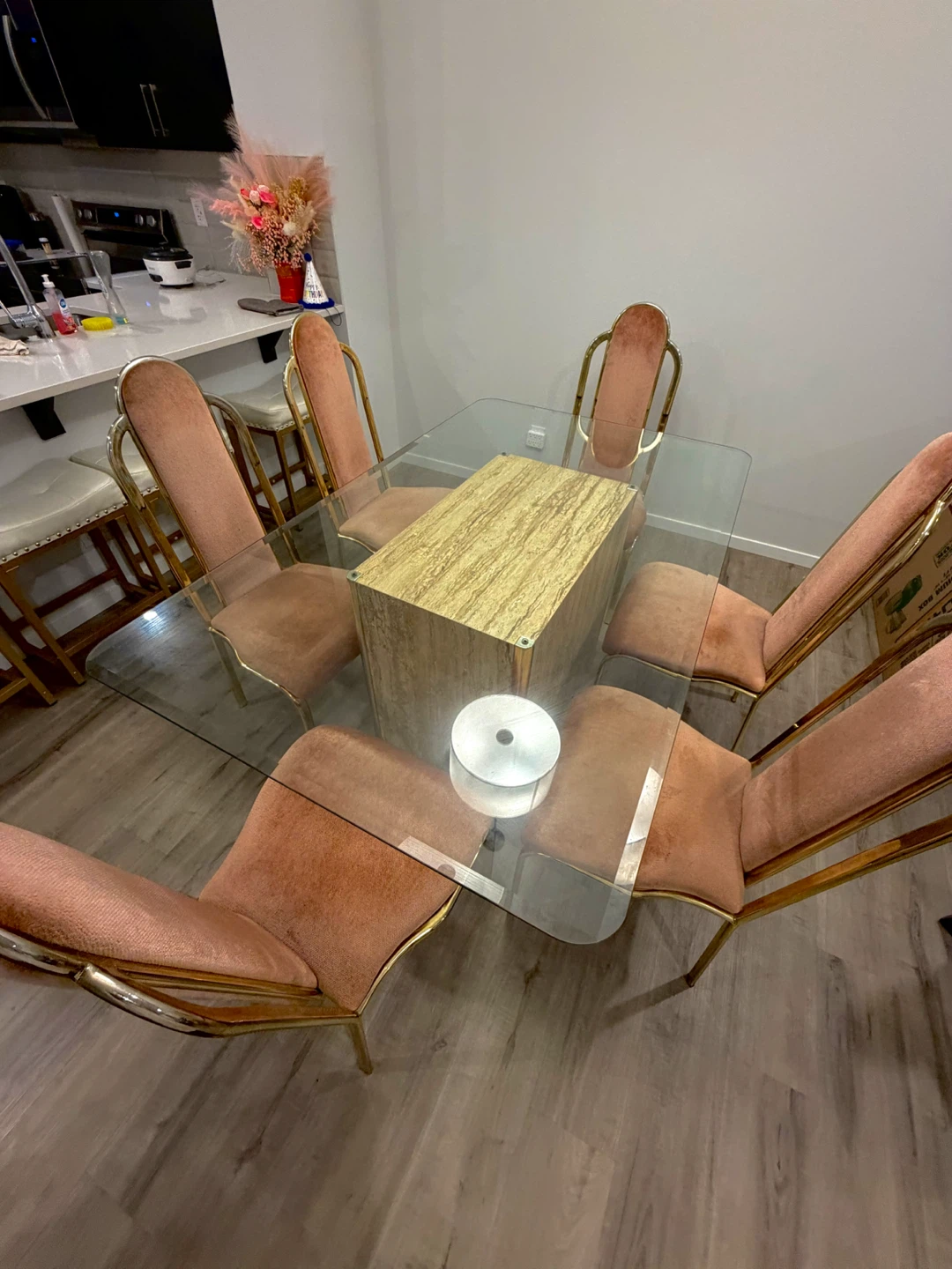 Glass Dining Set with 6 Brass Chairs