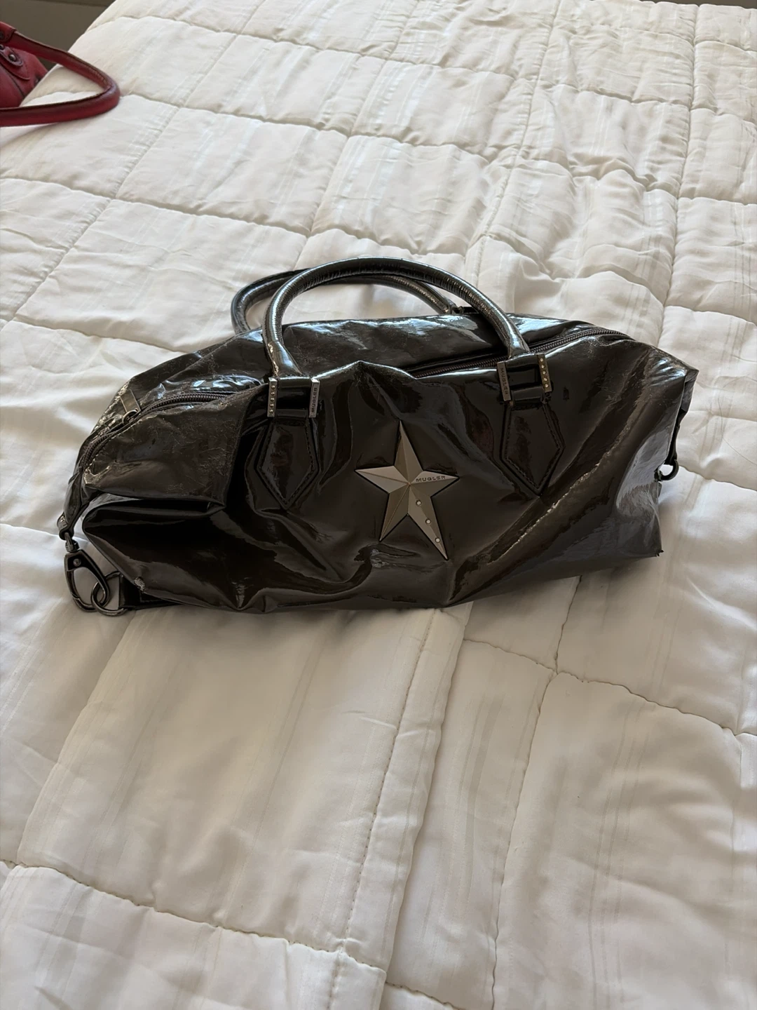 AUTHENTIC Mugler Mocha Patent Leather Star Detail Satchel Bag