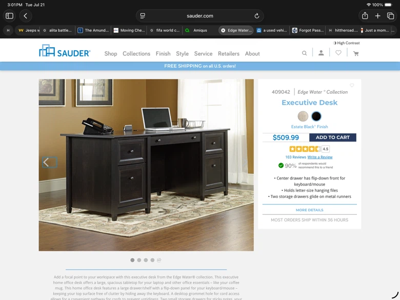 Sauder Edge Water Collection Executive Desk