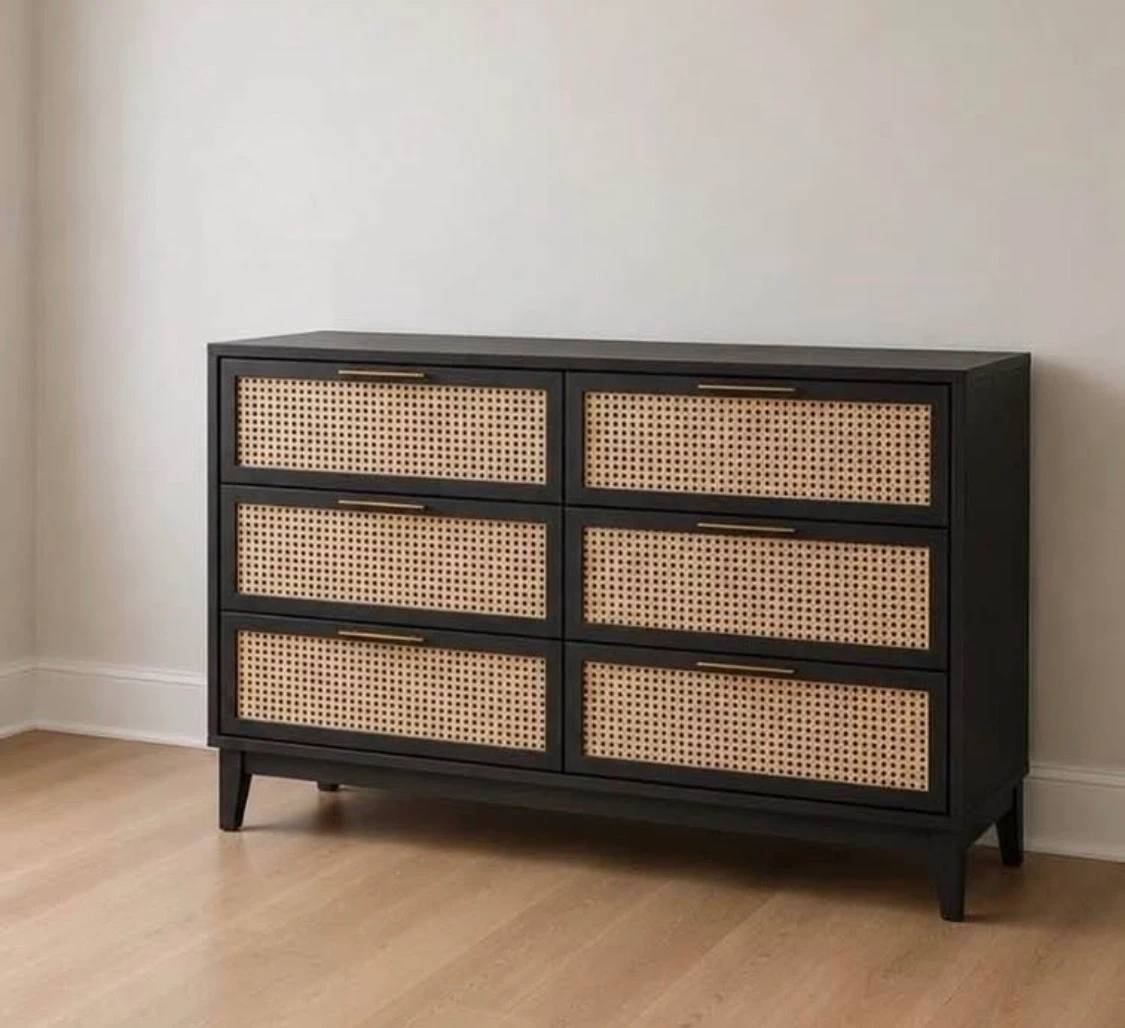 New Boho Black Rattan 6 Drawer Dresser Buffett Server