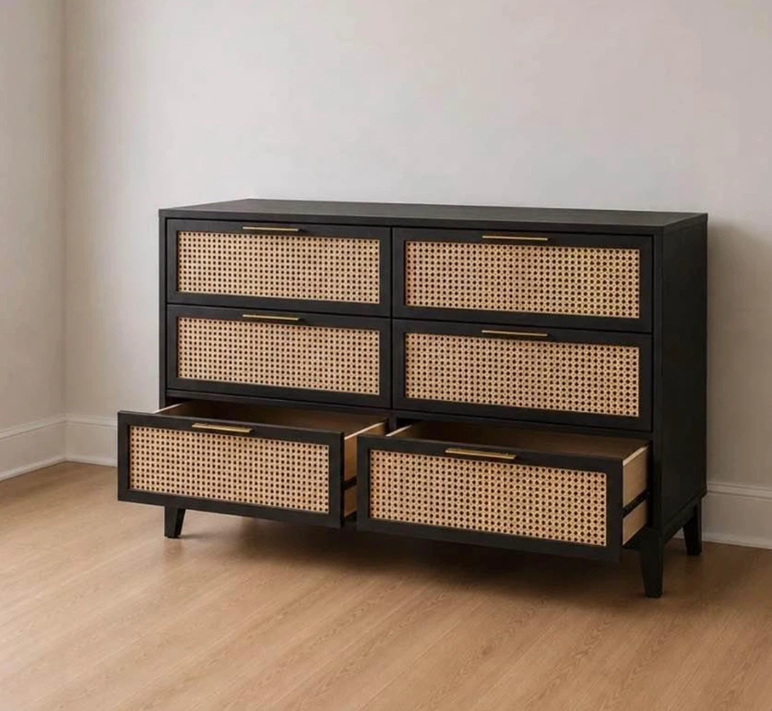 New Boho Black Rattan 6 Drawer Dresser Buffett Server - photo 2