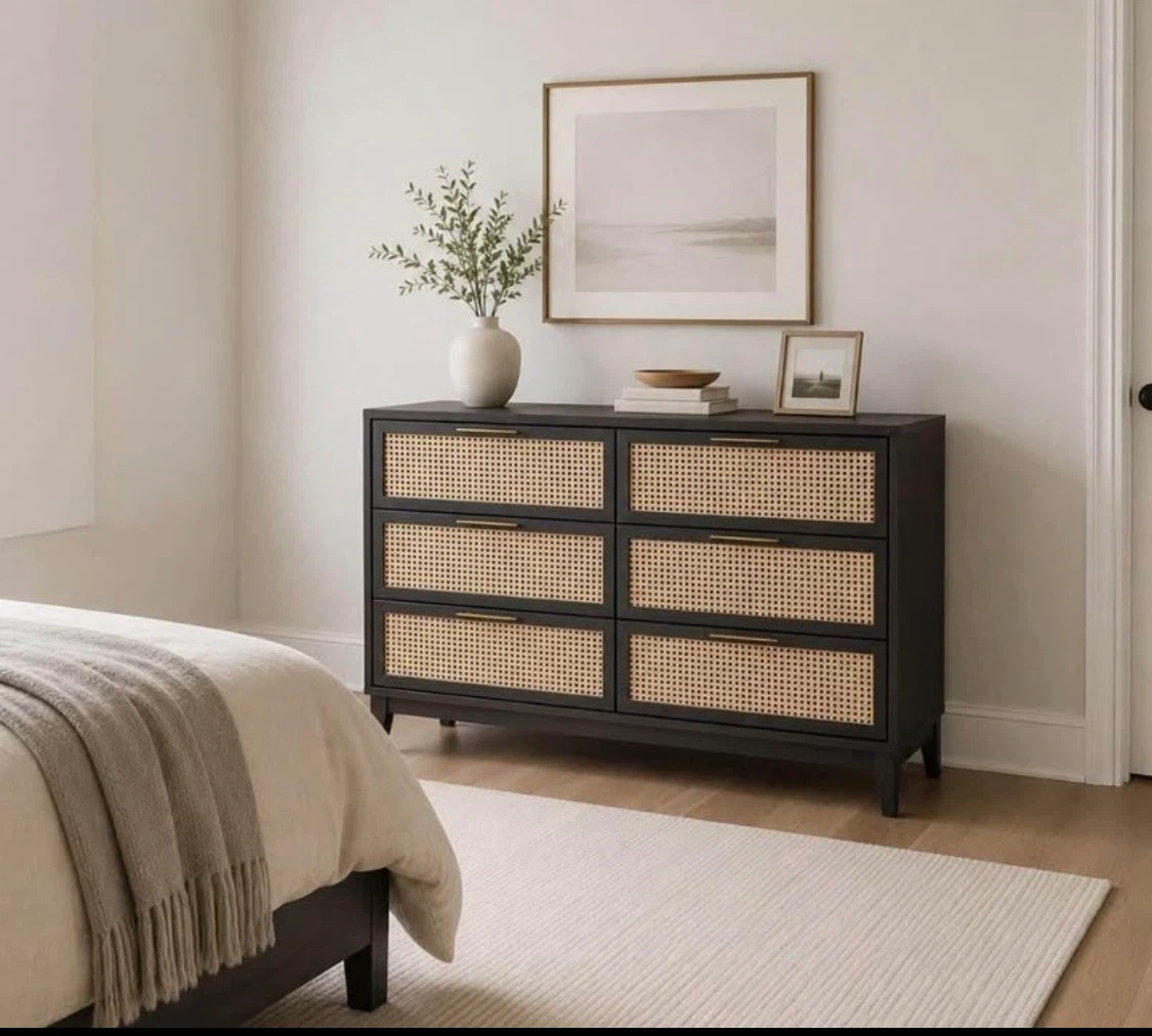 New Boho Black Rattan 6 Drawer Dresser Buffett Server - photo 3